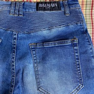 BALMAIN PARIS BLUE RIBBED TAPERED DENIM JEANS